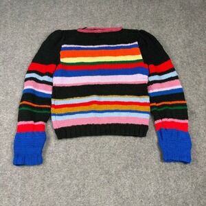 Ida Charner Sweater Womens Small Rainbow Striped Crochet Handknit Puff Sleeve